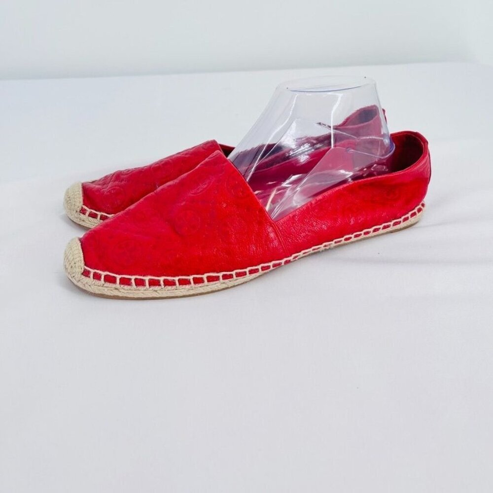 Tory Burch T-monogram Espadrille Flat Size 11  In Red Leather